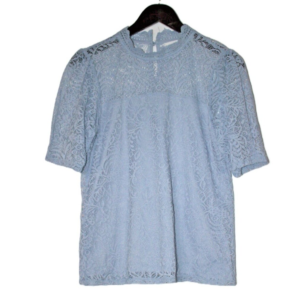 Adiva Womens Size Medium Lace Floral Top Blouse Short Sleeve Boho‎ Light Blue